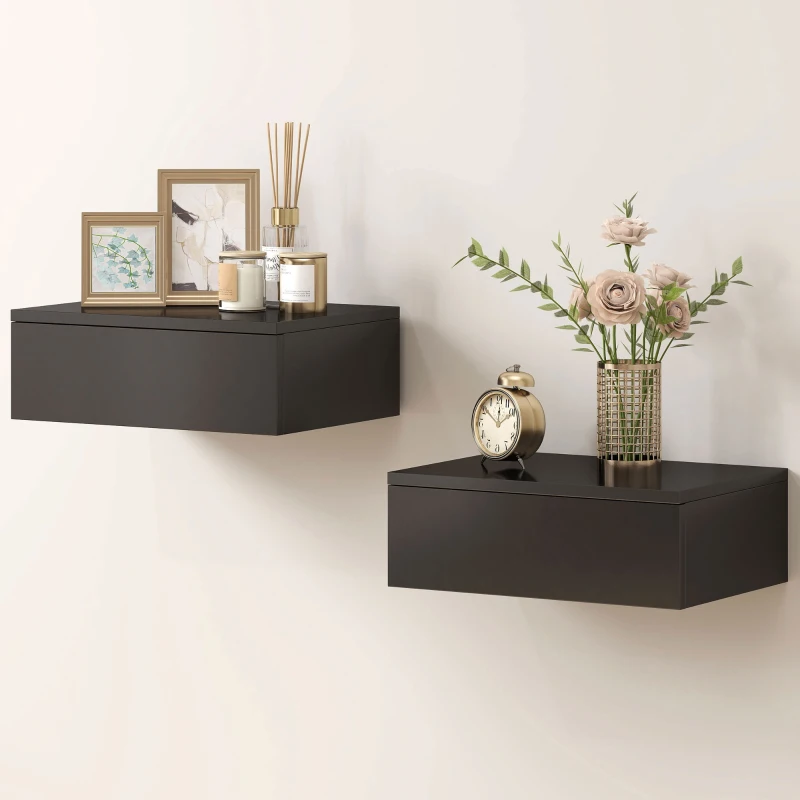 HOMCOM Set of 2 Wall Mounted Bedside Tables, Floating Nightstands with Drawer for Bedroom, Black