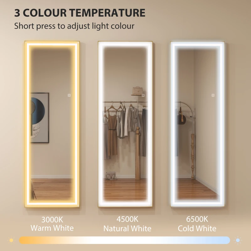 HOMCOM LED Mirror with Dimmable and 3 Colour Lights, 64" x 21" Rectangular Floor Mirror for Bedroom Living Room, Gold