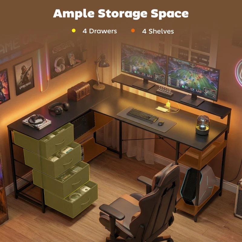 HOMCOM Gaming Desk with Power Outlets LED Lights Computer Desk with Drawers Monitor Stand 61" Black