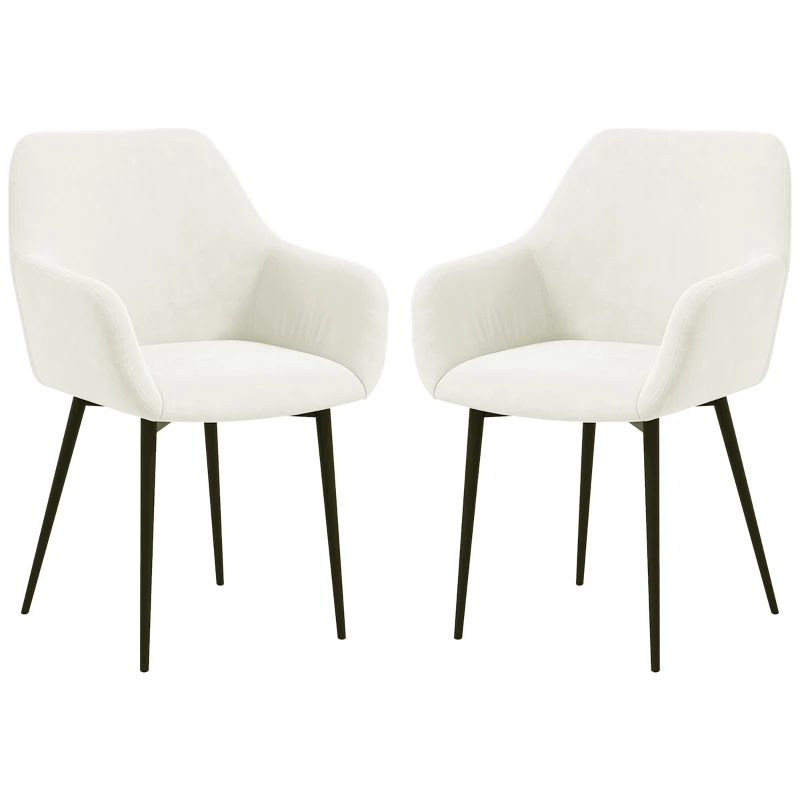 HOMCOM Dining Chairs Set of 2, Velvet-look Fabric Upholstered Kitchen Chairs with Backrest, Armrests and Steel Legs, Cream White