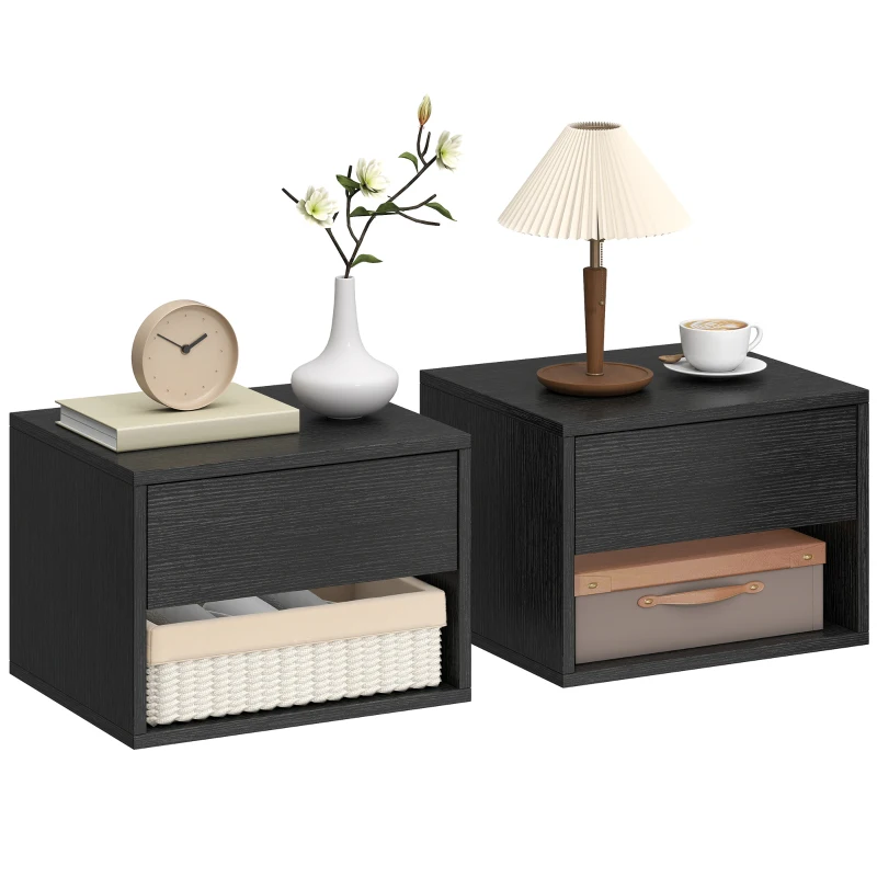 HOMCOM Floating Nightstand Set of 2, Wall Mounted Bedside Table with Drawer for Bedroom Black