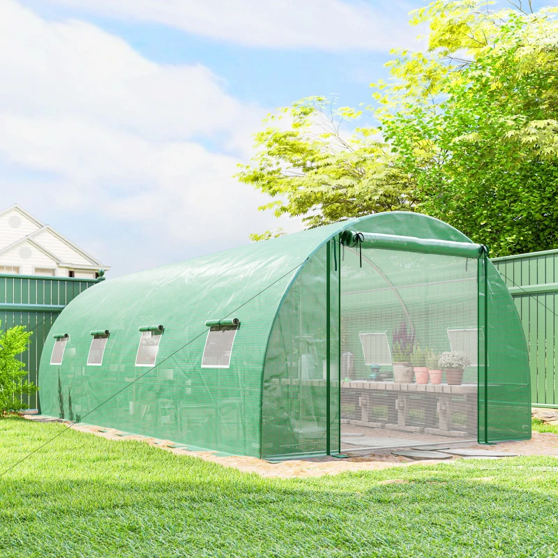 Outsunny Walk-in Tunnel Greenhouse with 2 Support Rods, Mesh Door, Plant Hot House with PE Cover, 20'x10'x7', Green