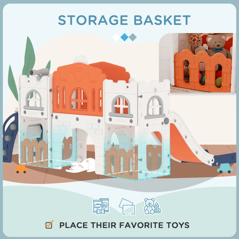 Qaba 7 in 1 Toddler Slide with Basketball Hoop, Climber, Telescope, Tunnel, Steering Wheel, for 1-3 Years, Orange