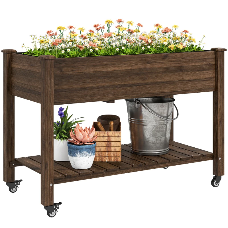 Outsunny Mobile Raised Garden Bed Elevated Wood Planter Box with Lockable Wheels, Storage Shelf for Herbs Vegetables, Carbonized