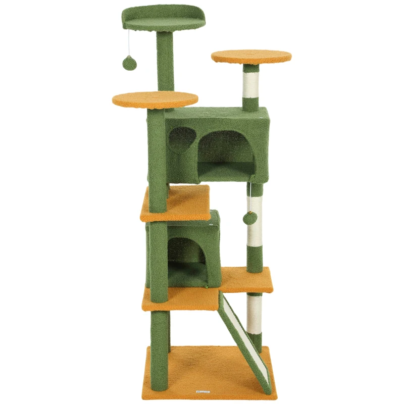 PawHut 54" Cat Tree, Multi-Level Cat Tower with Scratching Posts, Cat Condos, Bed, Platforms, Ramp, Toy Ball, Green
