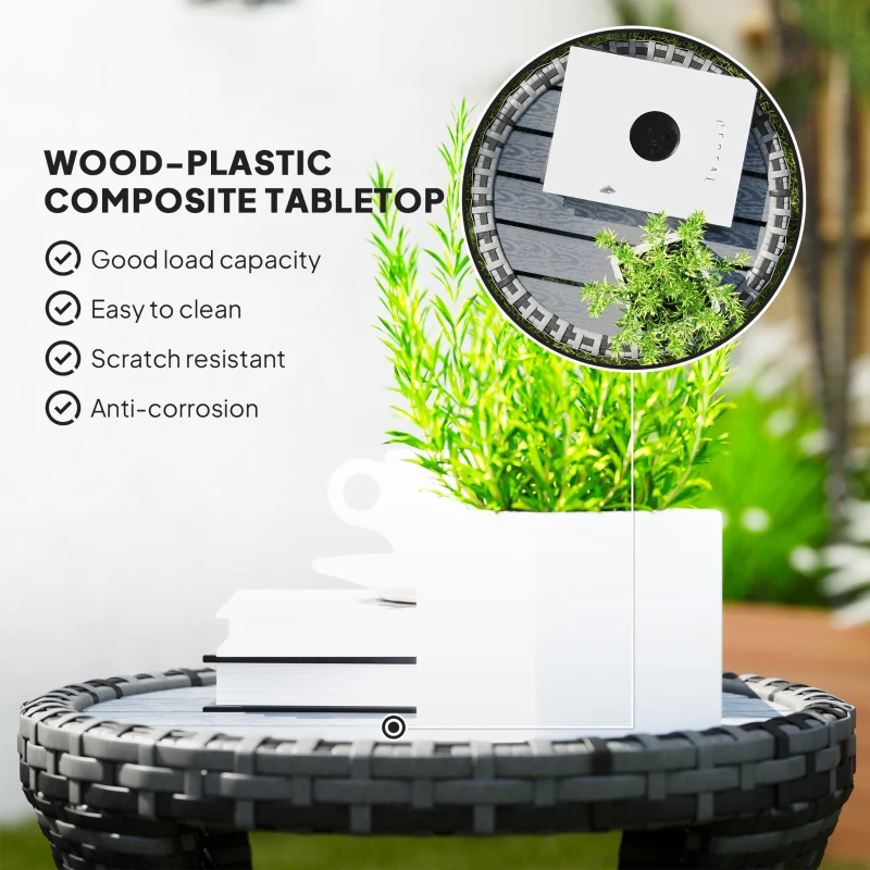 Outsunny 18" Wicker Outdoor Coffee Table, PE Rattan Patio Side Table with 2-Tier Storage, Composite Wood Top, Grey