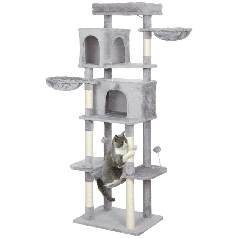 PawHut 69" Cat Tree, Multi-Level Cat Tower with 2 Condos, Plush Perch and Sisal Scratching Posts, Light Grey