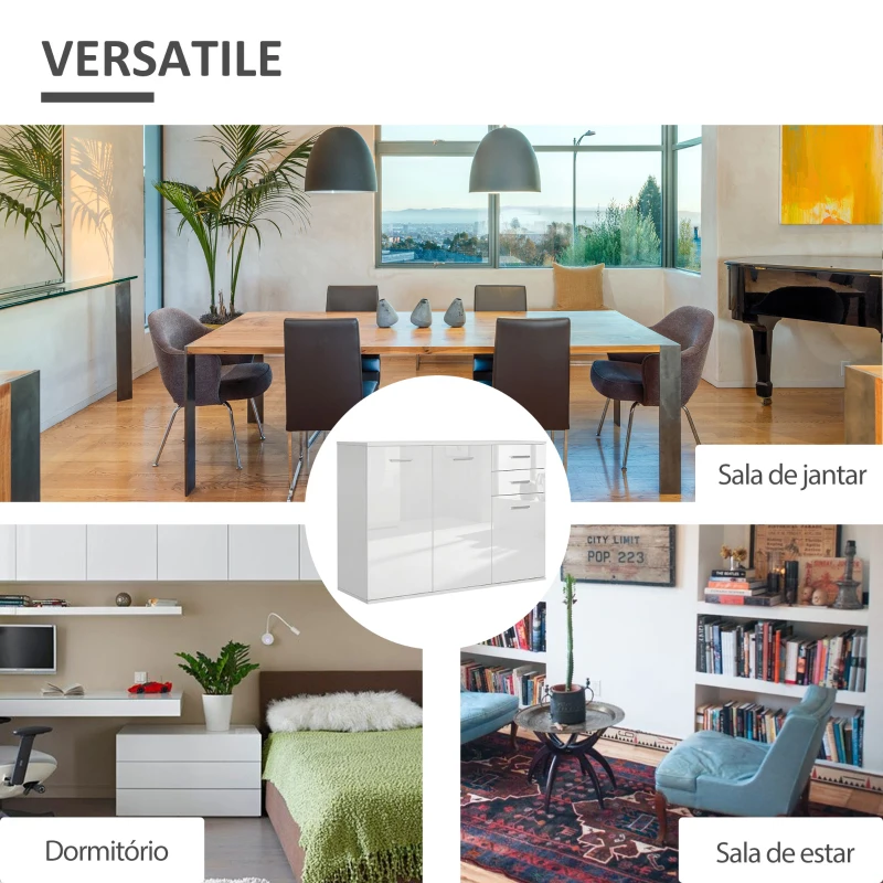 HOMCOM High Gloss Sideboard with 2 Drawers and 3 Doors, Buffet Cabinet with Adjustable Shelf, Coffee Bar Cabinet with Storage, White