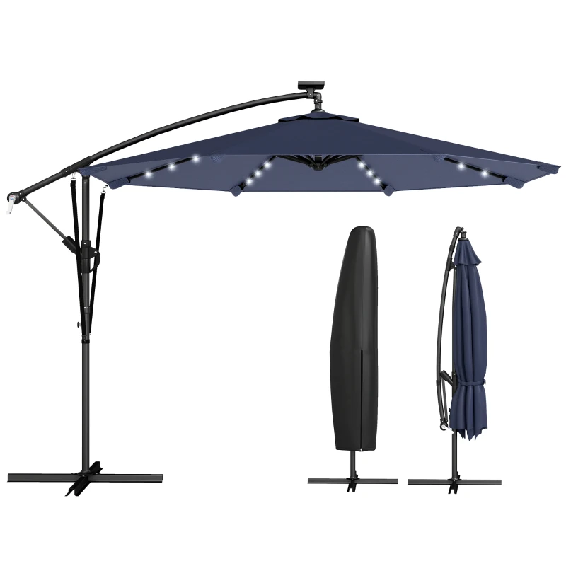 Outsunny 9.7ft Solar LED Cantilever Patio Umbrella with 32 LED Lights, Cross Base, Crank Handle, for Poolside, Deck, Dark Blue