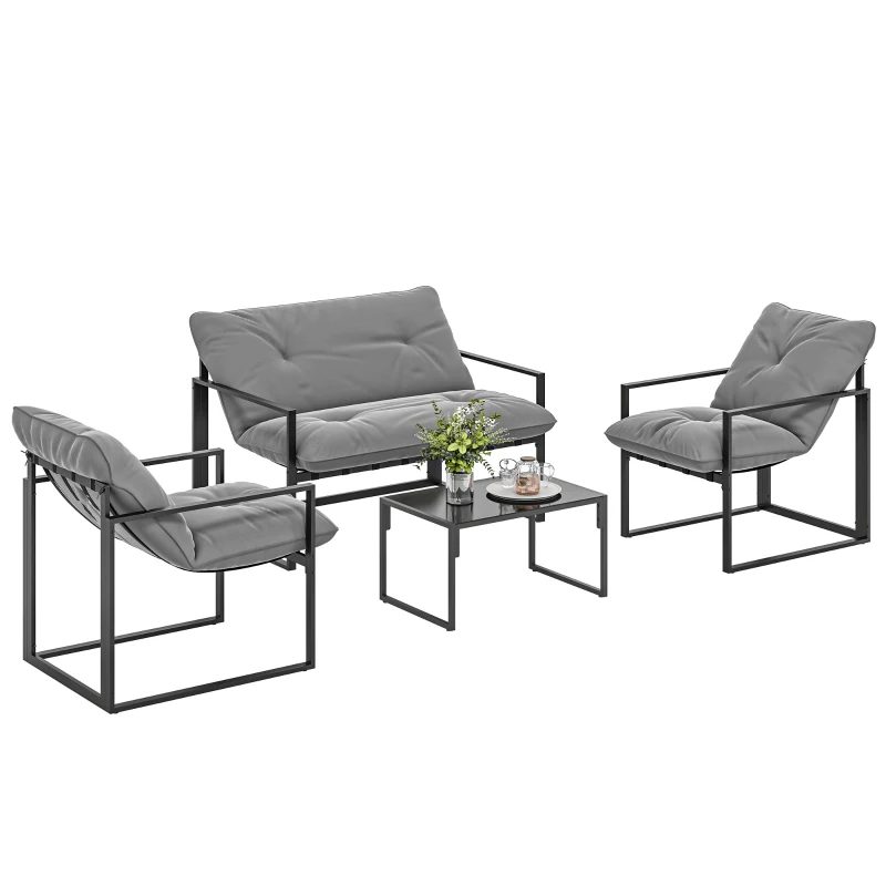 Outsunny 4 Piece Outdoor Furniture Set, Patio Conversation Set with Tempered Glass Table, Loveseat, Chairs, Cushions, Light Grey