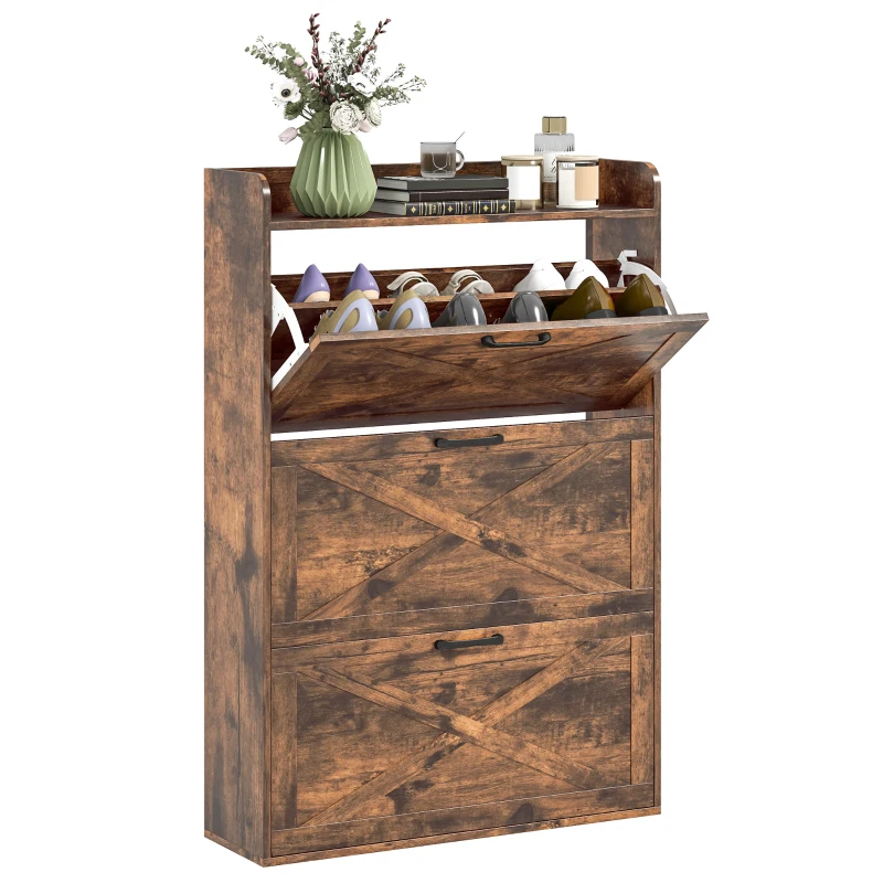 HOMCOM Narrow Shoe Storage Cabinet Farmhouse Shoe Cabinet with 3 Flip Drawers Adjustable Shelves for Entryway Rustic Brown