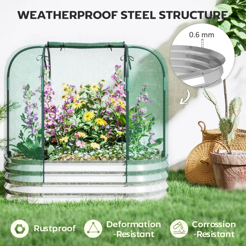 Outsunny Galvanized Raised Garden Bed with Crop Cage Protection Net Cover, Outdoor Planter Box for Vegetables, Flowers, Herbs
