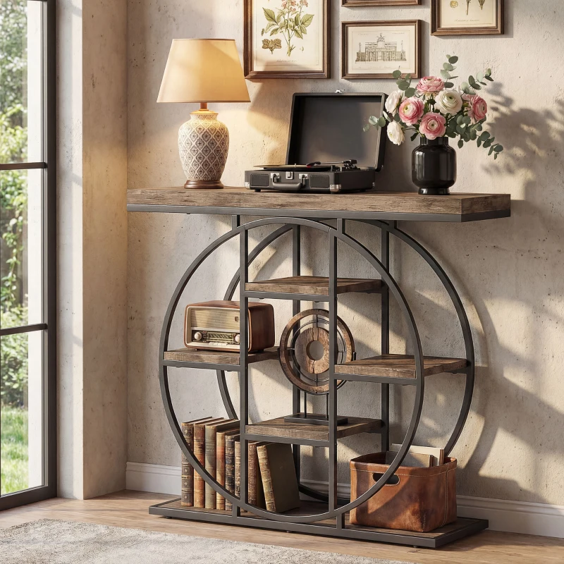 HOMCOM 39.4" Console Table with Storage Shelves, Industrial Sofa Table for Living Room, Hallway, Rustic Brown