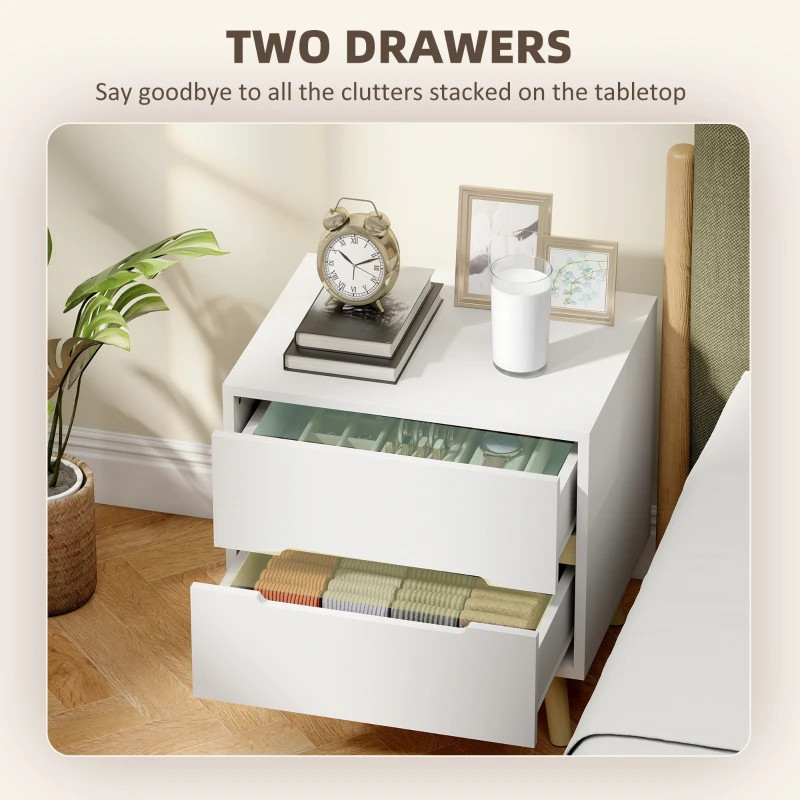 HOMCOM Nightstands Set of 2, Bedside Table with 2 Drawers, Modern Side End Table with Solid  Wood Legs for Bedroom, White