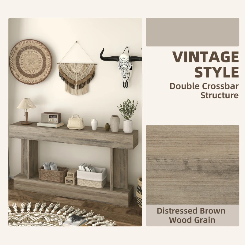 HOMCOM 63 Inch Long Console Table, Vintage Narrow Entryway Table with Storage Shelf for Living Room and Hallway, Light Brown