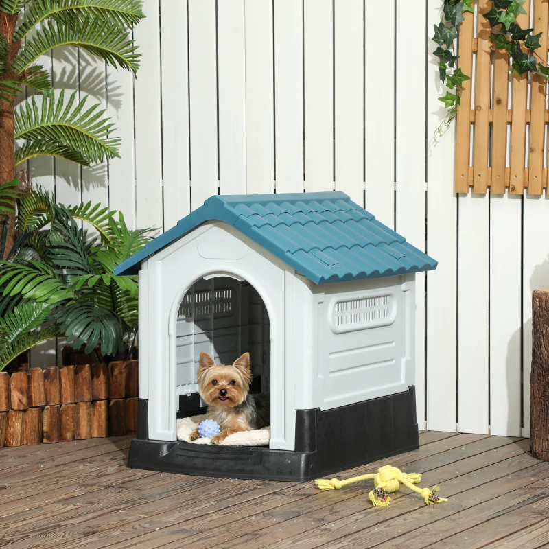 PawHut Outside Dog Kennel House with Windows, Base Support, for Garden Patio, Miniature Dogs, 64.5 x 57 x 66cm, Blue