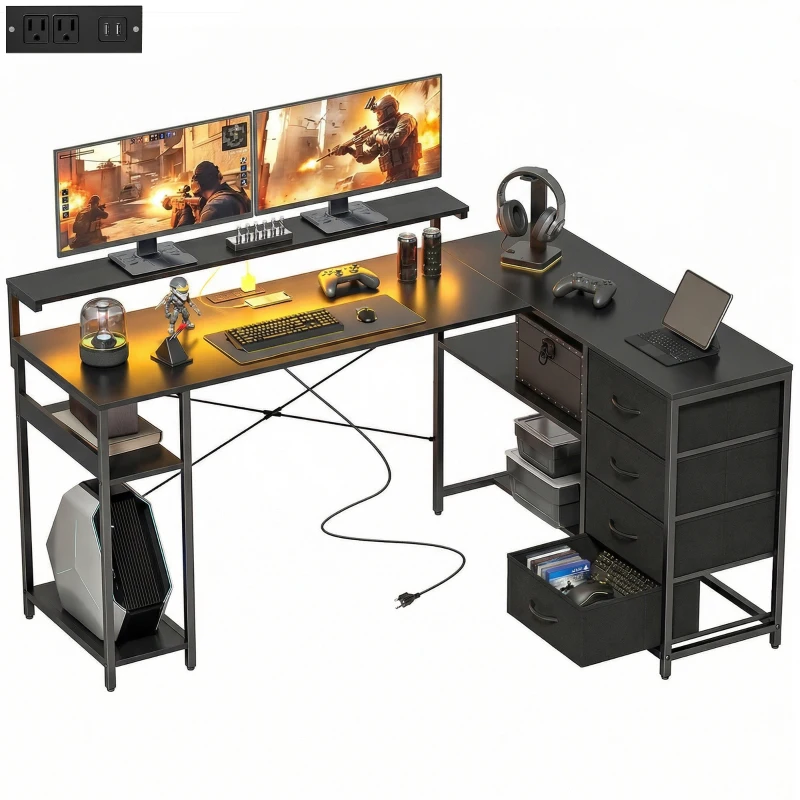 HOMCOM Gaming Desk with Power Outlets LED Lights Computer Desk with Drawers Monitor Stand 61" Black