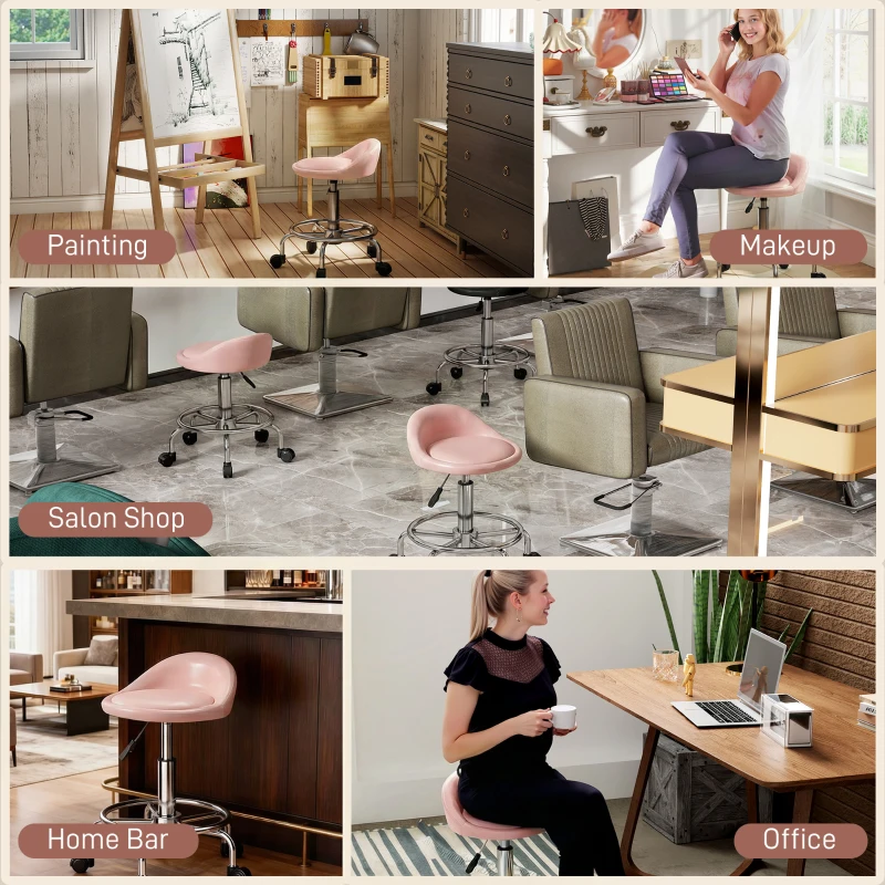 HOMCOM PU Leather Rolling Stool, Height Adjustable Swivel Salon Chair with Backrest and Foot Rest for Spa, Tattoo, Pink