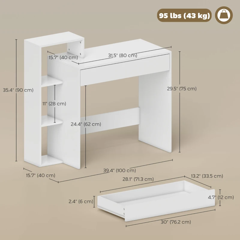 HOMCOM Desk with Storage, Computer Desk with 3 Open Shelves and Drawer White