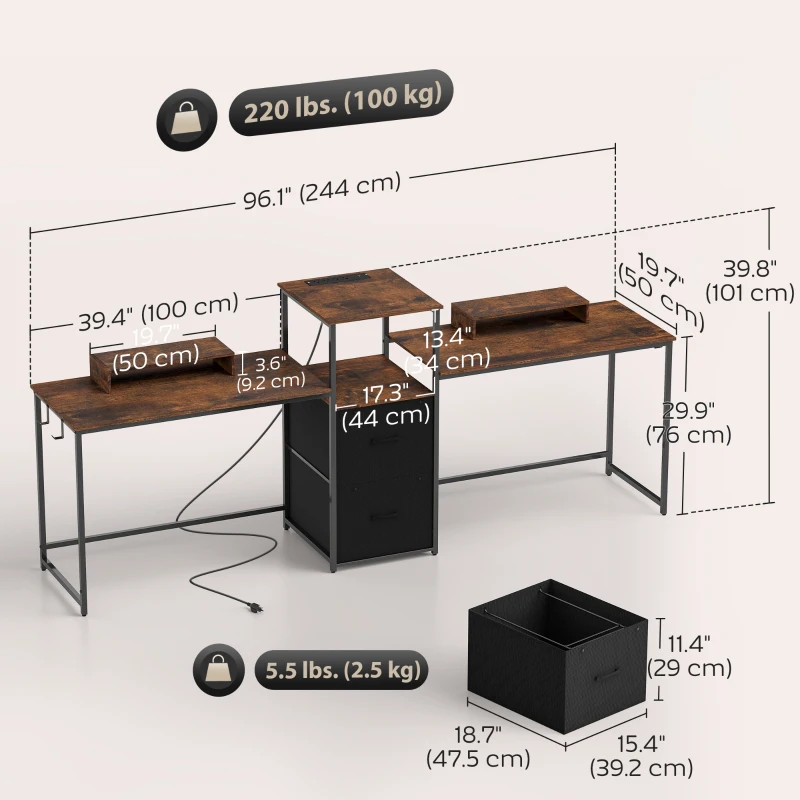 HOMCOM 96 Inch Gaming Desk, Dual Computer Desk for 2 Person with Power Outlets and Monitor Stands, Rustic Brown