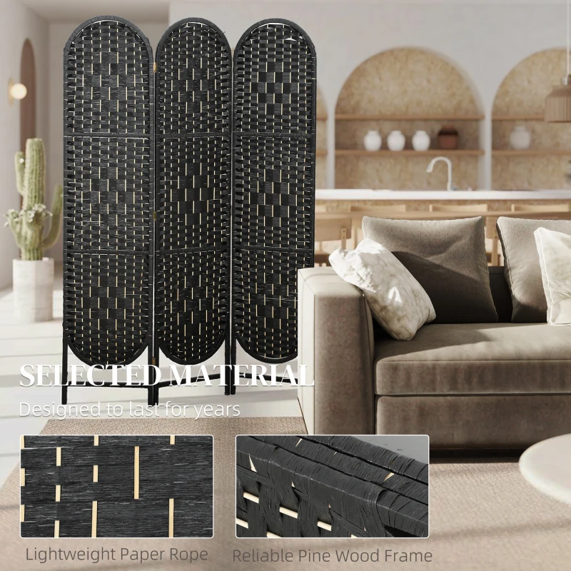 HOMCOM Bohemian Privacy Screen, Folding Room Divider with 3 Panels and Arched Top for Bedroom Living Room Office, Black