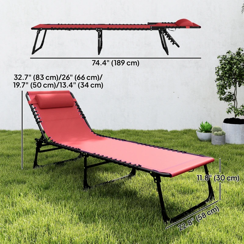 Outsunny 2 PCs Folding Lounge Chairs, Adjustable Chaise Lounge with Headrest, Reclining Lounger Cot for Camping, Hiking, Wine Red