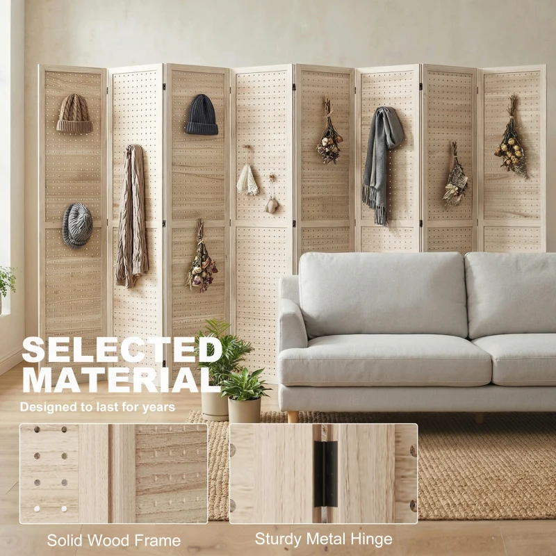 HOMCOM 5.6 Ft. Tall 8-Panel Room Divider, Pegboard Panel Folding Privacy Screen, Partition Wall Divider for Bedroom, Natural