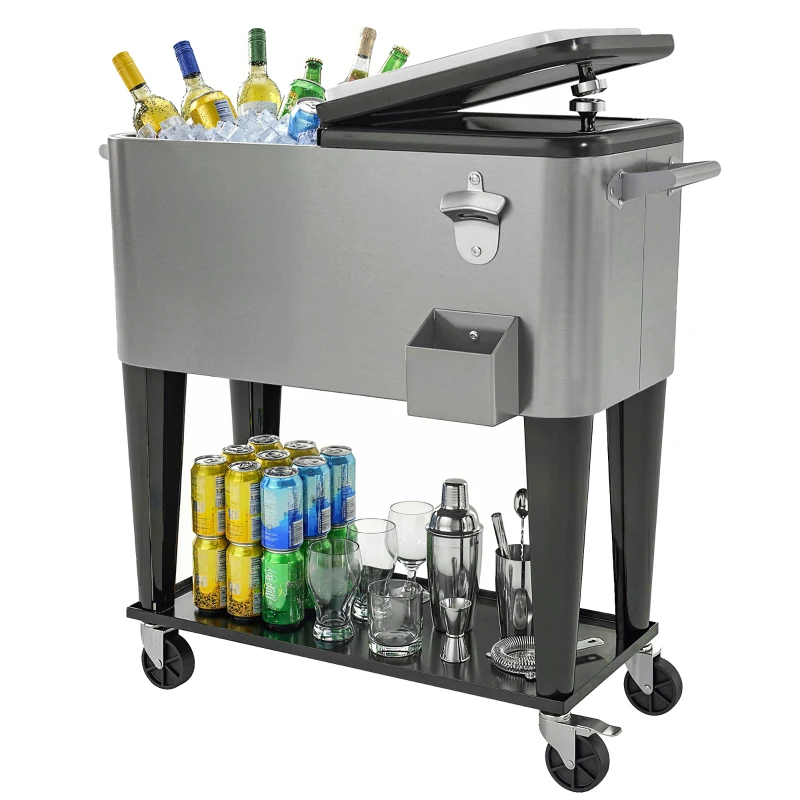 Outsunny 80 Quart Rolling Patio Cooler Cart with Storage Shelf, Patio Cooler with Locking Wheels, Bottle Opener & Cap Catcher