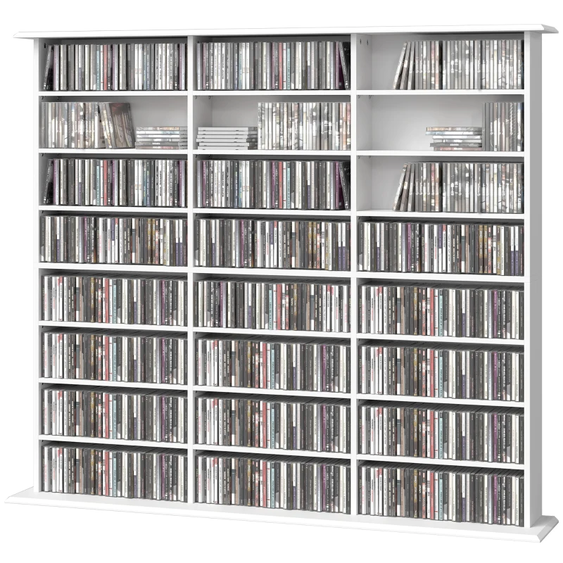 HOMCOM Media Storage Cabinet, 8-Tier DVD Shelf with 18 Adjustable Shelves, Holds 1032 CDs, 594 DVDs or Blu-rays, White