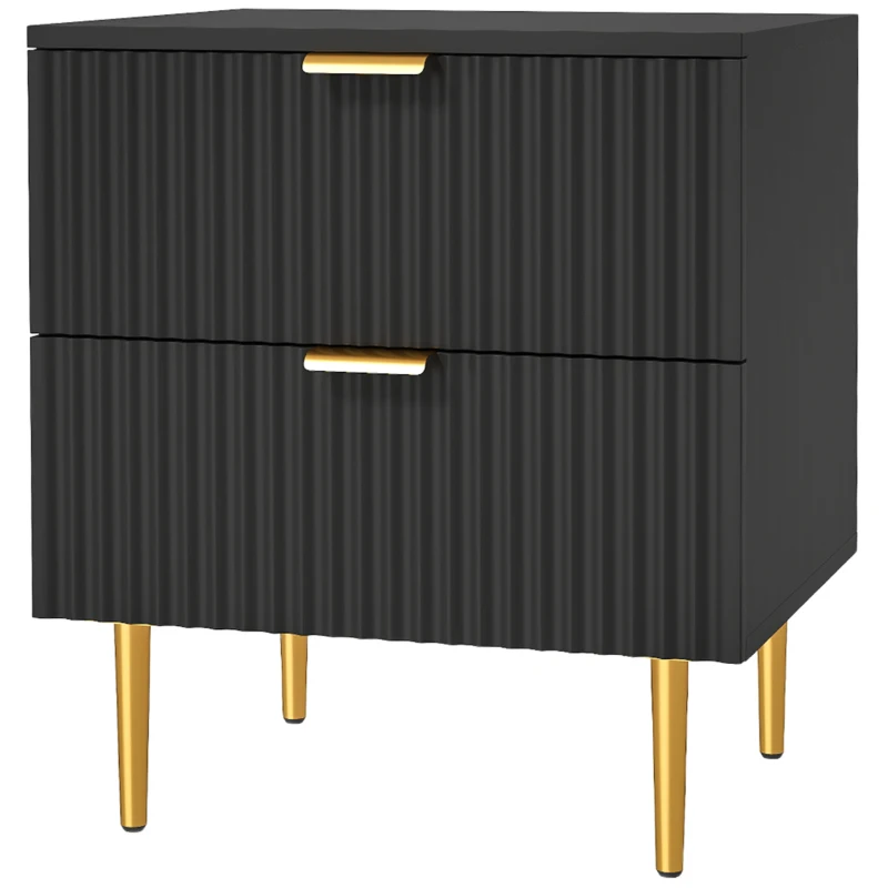 HOMCOM Bedside Table, Modern Nightstand with 2 Drawers, Side End Table with Metal Legs for Living Room, Bedroom, Black