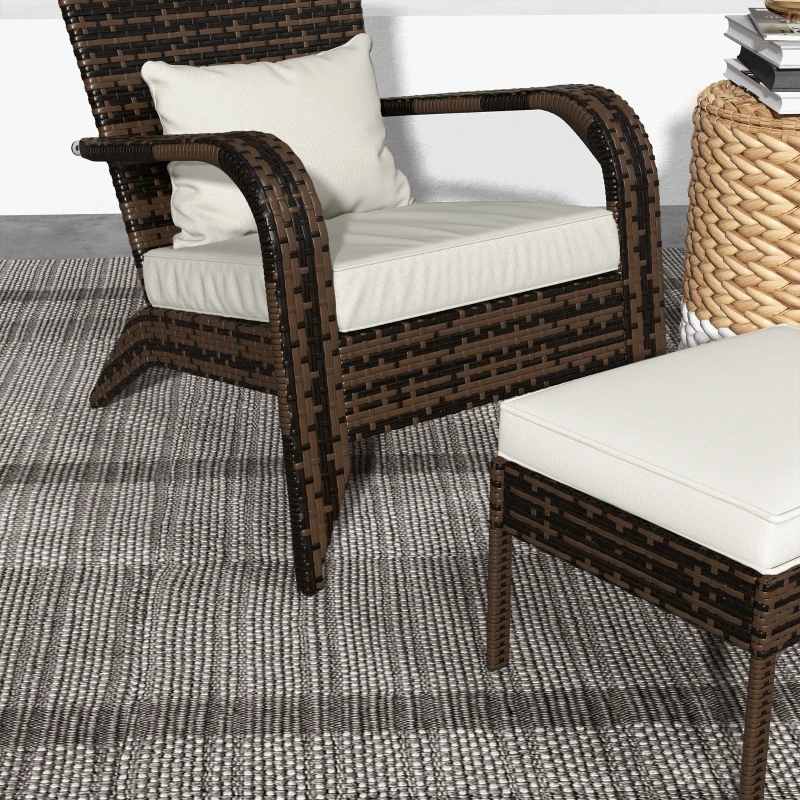 Outsunny Wicker Adirondack Chair with Ottoman, Patio Cushioned Muskoka Chair with Armrests Brown/Cream White