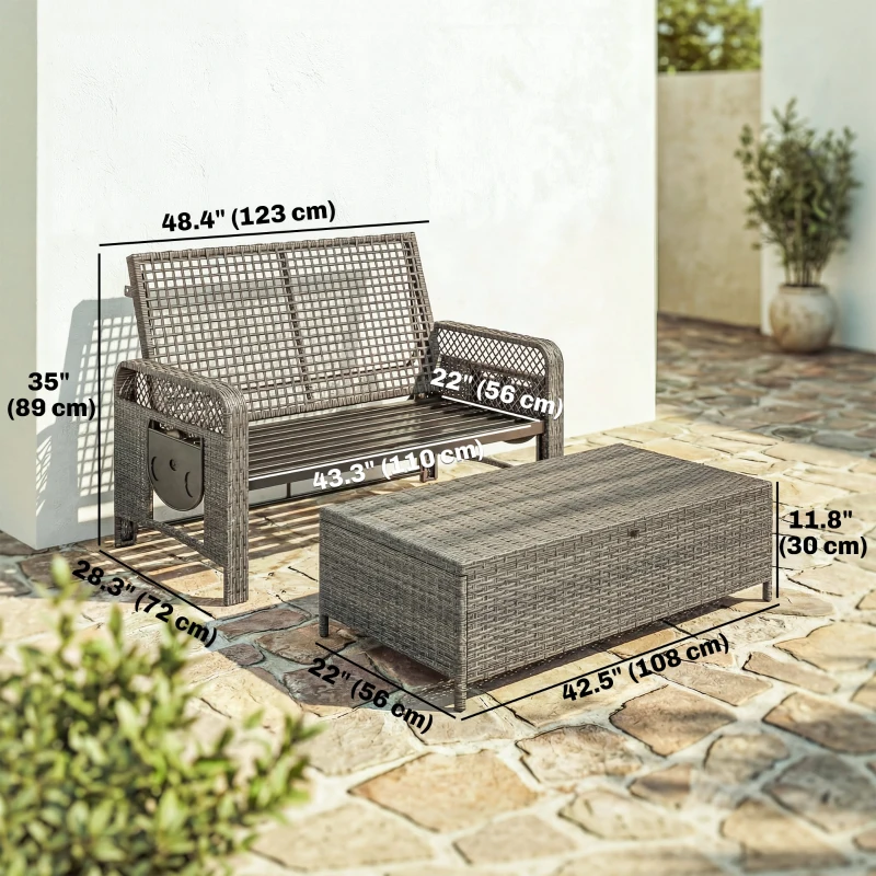 Outsunny 2 Pieces Patio Lounge Chair Set with Cushions, PE Wicker Outdoor Chaise Lounge with Adjustable Backrest, Side Trays