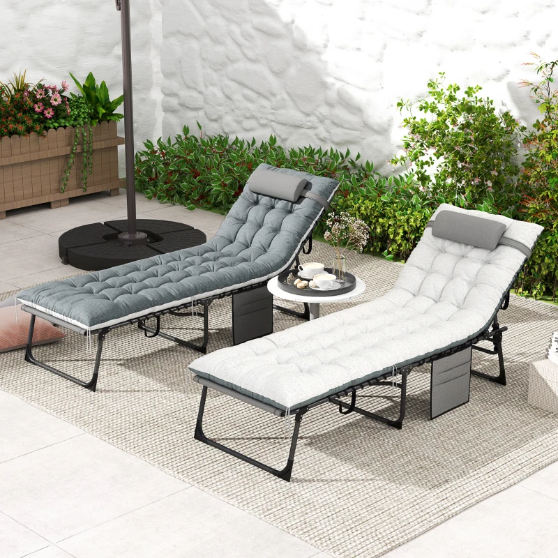 Outsunny Outdoor Lounge Chair Set of 2, Folding Chaise Lounge Tanning Chair with Cushion, Side Pocket, Grey