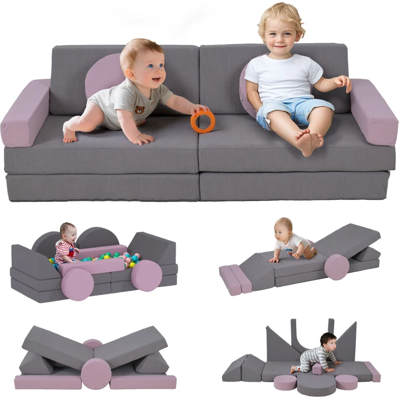 Qaba 12-Piece Modular Kids Play Couch Building Fort for Playroom Bedroom, Convertible Kids Sofa, Grey