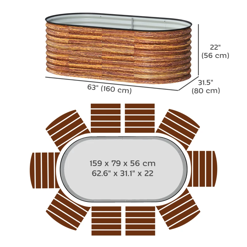 Outsunny 5 x 2.5 x 2 ft Galvanized Raised Garden Bed, Easy DIY Oval Planter Box with Safety Edging and Gloves, Brown Wood Effect