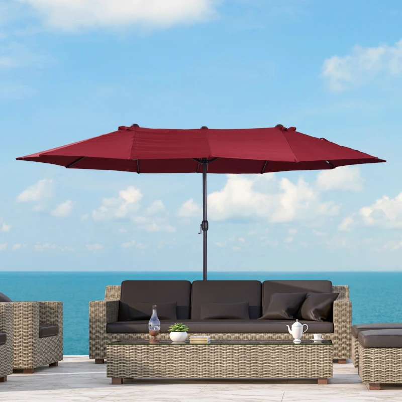 Outsunny 15ft Double-sided Patio Umbrella with Twin Canopy, Extra Large Outdoor Parasol with Crank for Pool, Deck, Market, Wine Red