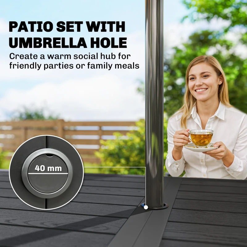 Outsunny Outdoor Dining Set for 6, Faux Wood Metal Patio Table and Mesh Stackable Chairs with Umbrella Hole, Black