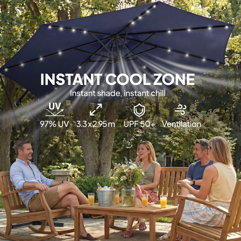 Outsunny 9.7ft Solar LED Cantilever Patio Umbrella with 32 LED Lights, Cross Base, Crank Handle, for Poolside, Deck, Dark Blue