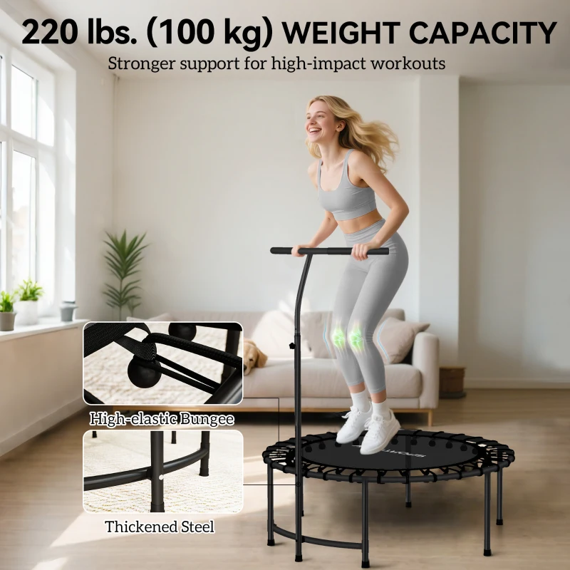 Soozier 40" Foldable Rebounder Trampoline ,Mini Trampoline Indoor with Adjustable Handle, Quiet and Safe Bungee Rebounder,Black