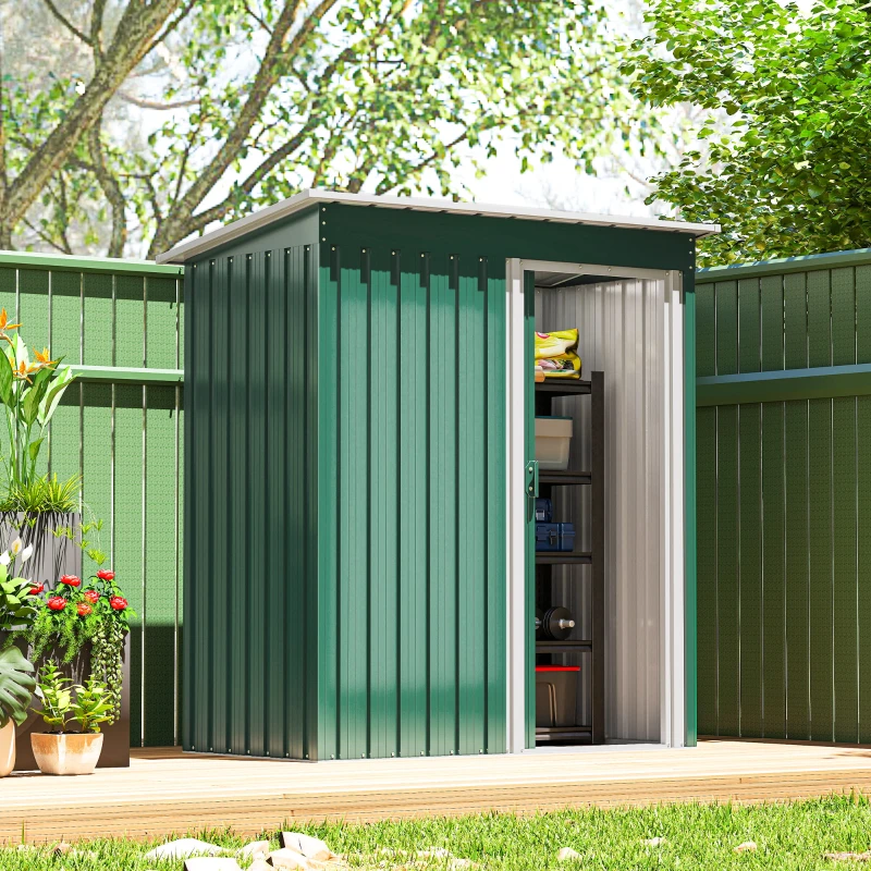 Outsunny 5 x 3 FT Outdoor Storage Shed with Sliding Door and Sloped Roof, Steel Frame Garden Shed Tool Equipment, Green