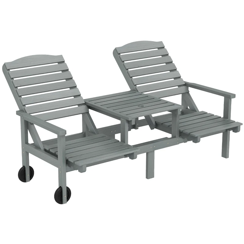 Outsunny Outdoor Bench with Wheels and 3-Position Adjustable High Back, 2 Seater Outdoor Loveseat with Umbrella Hole, Grey