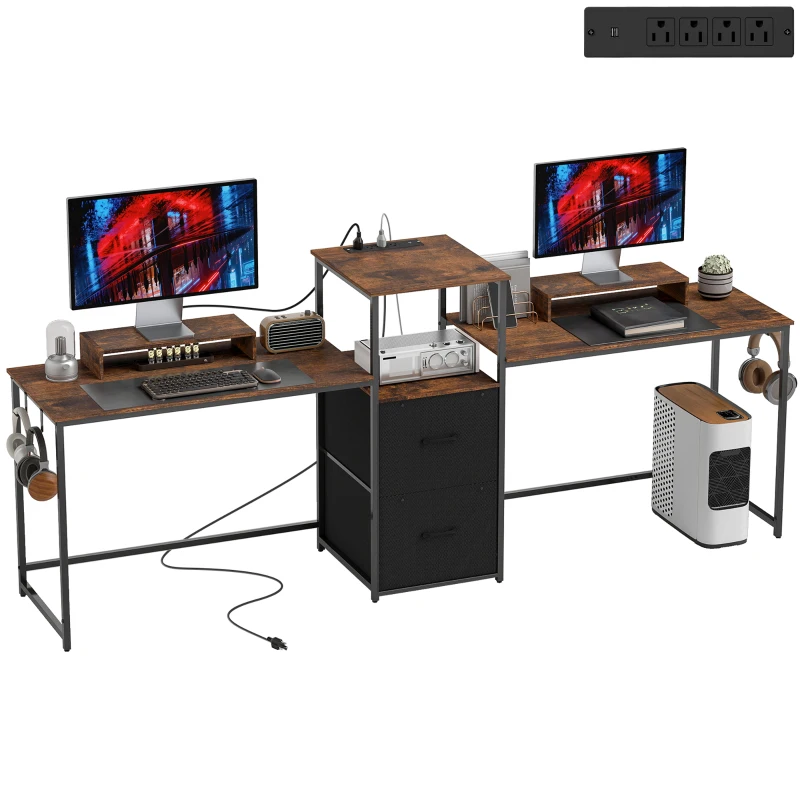 HOMCOM 96 Inch Gaming Desk, Dual Computer Desk for 2 Person with Power Outlets and Monitor Stands, Rustic Brown