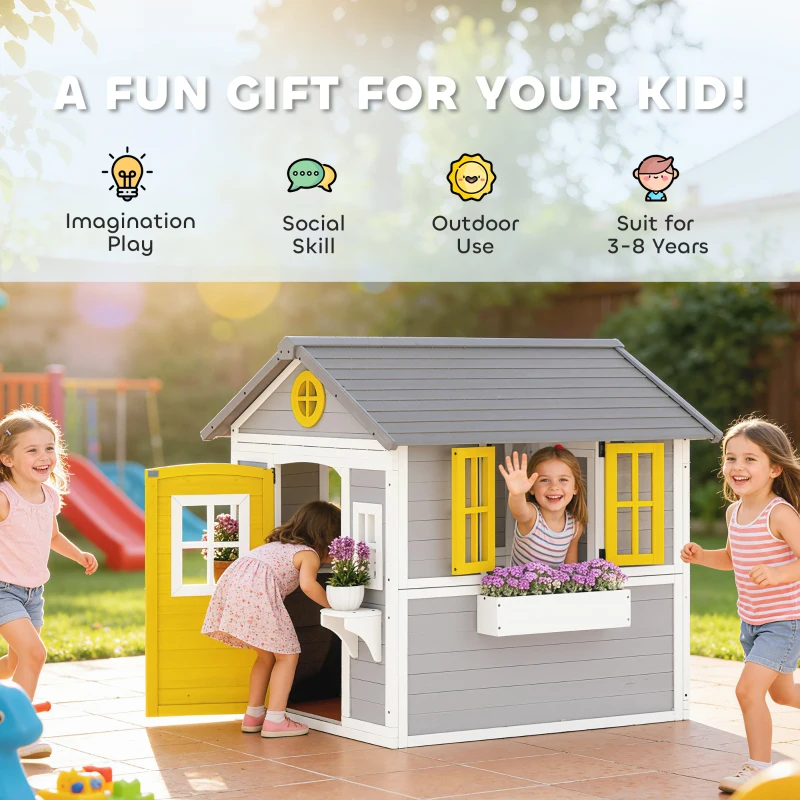 Outsunny Wooden Playhouse for Kids Outdoor with Door, Windows, Planter Pots and Boxes for Toddlers 3-8 Years, Grey
