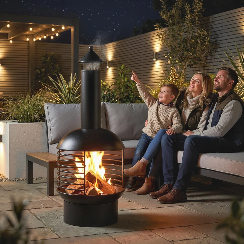 Outsunny Outdoor Fire Pit, Portable Wood Burning Firepit with Poker, Charcoal Grid, Modern Chimney Design Fireplace, Black