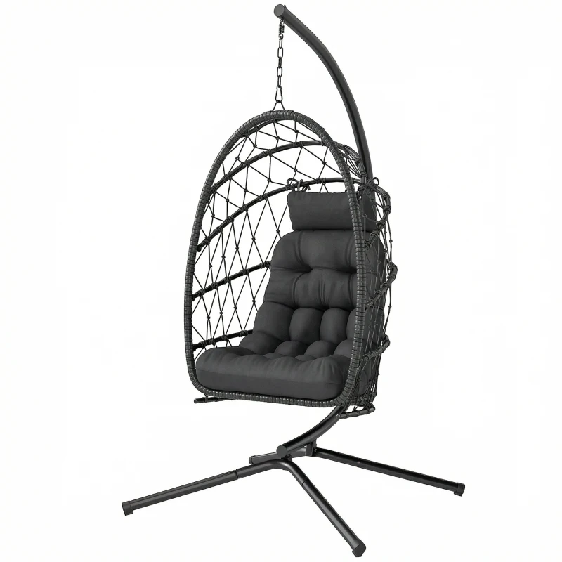 Outsunny Hanging Egg Chair with Stand, Foldable Wicker Rattan Swing Chair with Thick Cushion, Dust Cover and Safety Rope, Black