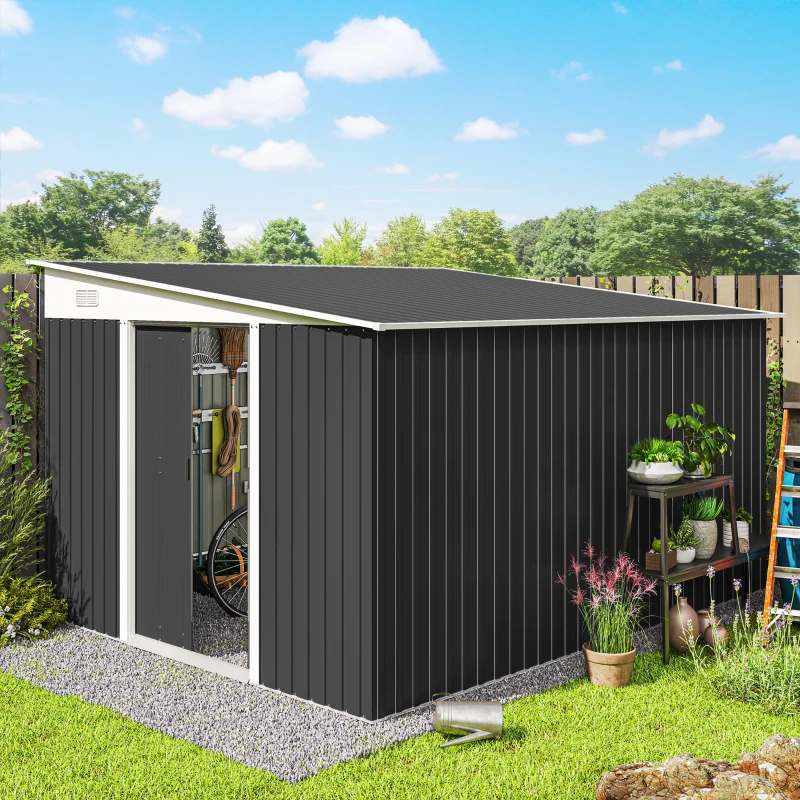 Outsunny 11' x 9' Steel Garden Storage Shed, Outdoor Metal Tool House with Double Sliding Doors, Dark Grey