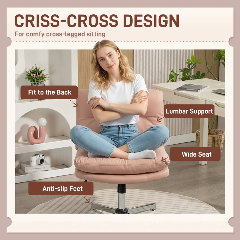 HOMCOM Armless Office Chair, Criss Cross Chair with Adjustable Height & Tilt Function for Home Office, Study, Pink