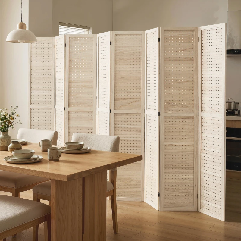 HOMCOM 5.6 Ft. Tall 8-Panel Room Divider, Pegboard Panel Folding Privacy Screen, Partition Wall Divider for Bedroom, Natural