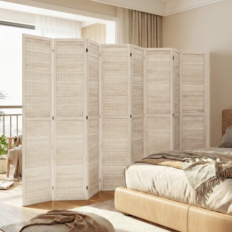 HOMCOM 5.6 Ft. Tall 8-Panel Room Divider, Pegboard Panel Folding Privacy Screen, Partition Wall Divider for Bedroom, Natural