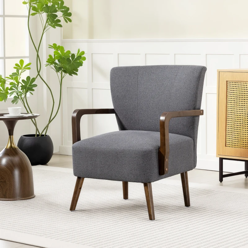 HOMCOM Accent Chair with Wooden Legs, Linen Fabric Armchair with Thick Padding, Comfy Chair for Living Room, Dark Grey